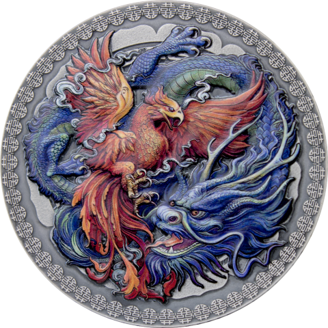 PHOENIX AND DRAGON 2021 GHANA 50G ORIENTAL CULTURE COLLECTION SILVER COIN 10 CEDIS DIGITAL PRINTING