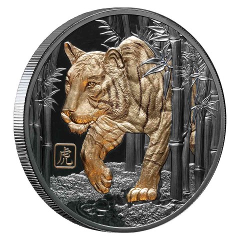 LUNAR YEAR OF THE TIGER 5 OZ 10 DOLLARS SILVER GOLD - GILDED BLACK PROOF COIN NIUE 2022