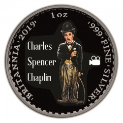 CHARLIE CHAPLIN UNITED KINGDOM BRITANNIA RUTHENIUM PLATING COLORIZED SILVER COIN 1 OZ 2 POUNDS 2019