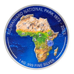 50 YEARS OF KILIMANJARO NATIONAL PARK 1 KG SILVER COIN & NATURAL PRECIOUS TANZANITE 1000 FRANCS DJIBOUTI 2023