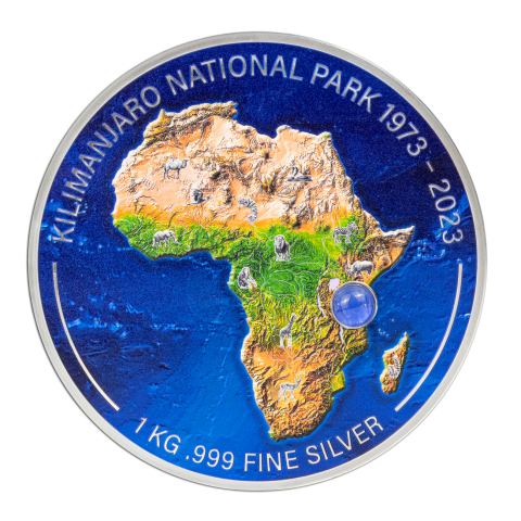 50 YEARS OF KILIMANJARO NATIONAL PARK 1 KG SILVER COIN & NATURAL PRECIOUS TANZANITE 1000 FRANCS DJIBOUTI 2023