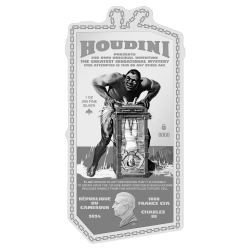 HOUDINI'S WATER TORTURE CELL 1 OZ 1000 FRANCS SILVER COIN CHARLES III CAMEROON 2024