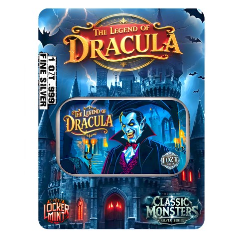 CLASSIC MONSTERS THE LEGEND OF DRACULA 1 OZ SILVER COLORIZED BAR IN CARD 2024