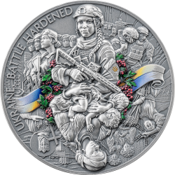 UKRAINE BATTLE HARDENED V.2 2 OZ 10 CEDIS SILVER COIN GHANA 2025