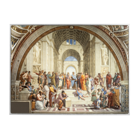 THE SCHOOL OF ATHENS RAFFAELLO SANZIO 2.5 OZ 999 Ag, 750 g 999 Zn, 120 g 999 Cu 10000 CFA FRANCS REPUBLIC OF CHAD 2024