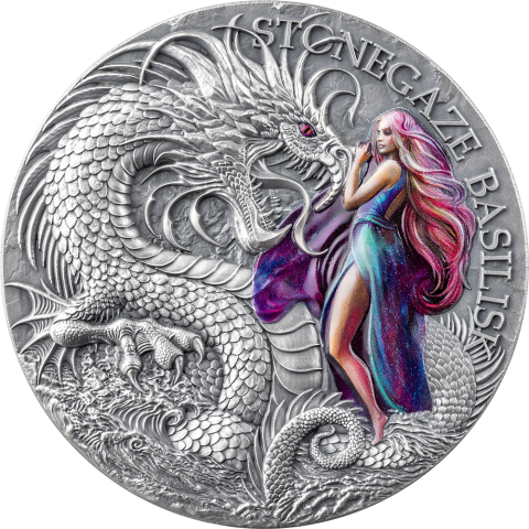 THE DRAGONOLOGY - STONEGAZE BASILISK 2 OZ 2000 FRANCS SILVER COIN CAMEROON 2025